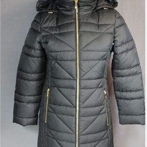 Anne Klein Black Puffer Coat with Gold Accents
